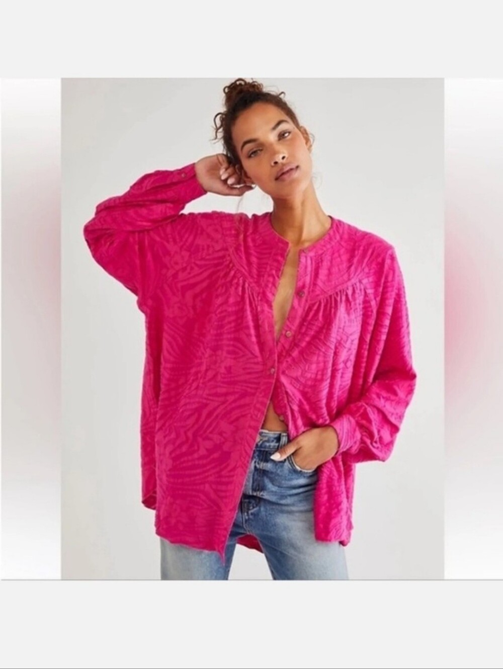 Free People Can't Stop Dreaming Hot Pink Textured Button Down Blouse Medium